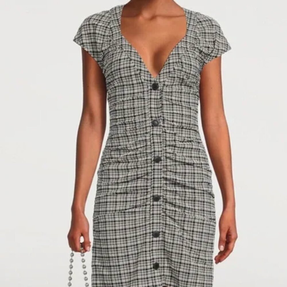 Ganni Ruched Seersucker Reversible Mini Dress